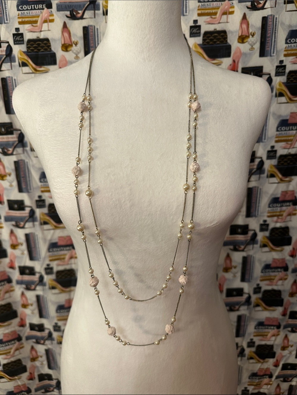 Long Layered Pearl and Pink Bead Necklace - Women Jewelry